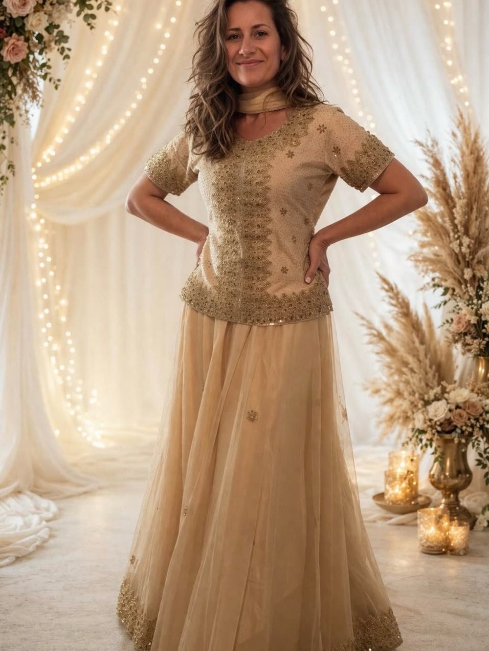 Indian Embellished Gold Evening Dress with Sheer Skirt